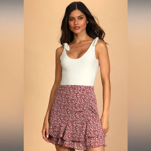 Always Carefree Rust Brown Floral Print Ruffled Mini Skirt - Picture 1 of 6